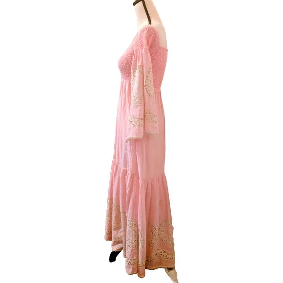 Antica Sartoria Off The Shoulder Boho Pink hippie Maxi Dress one size small - Picture 12 of 16